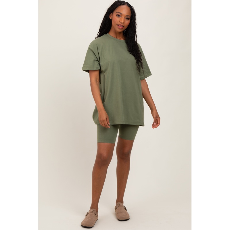 Light Olive Biker Shorts Set