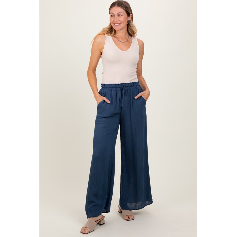 Navy Ruffled Drawstring Waist Wide Leg Pants