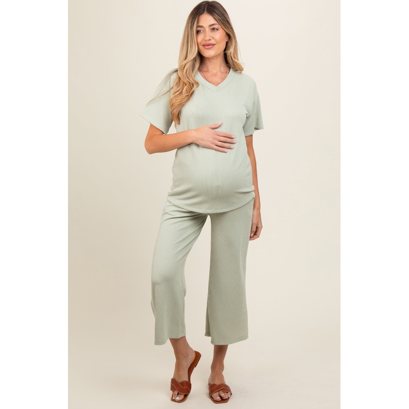 Sage Ribbed Short Sleeve Top Maternity Pajama Set