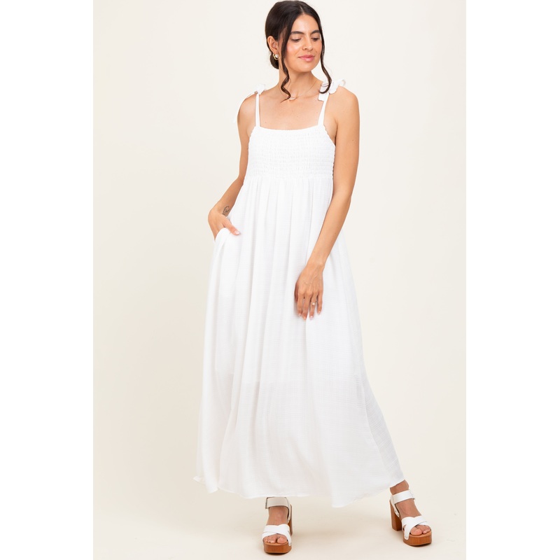 White Plaid Smocked Shoulder Tie Maxi Dress