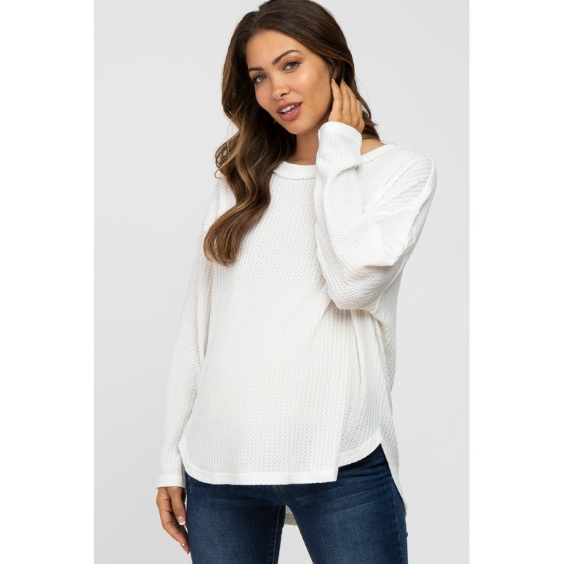 White Waffle Knit Round Hem Maternity Top