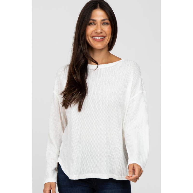 White Waffle Knit Round Hem Top