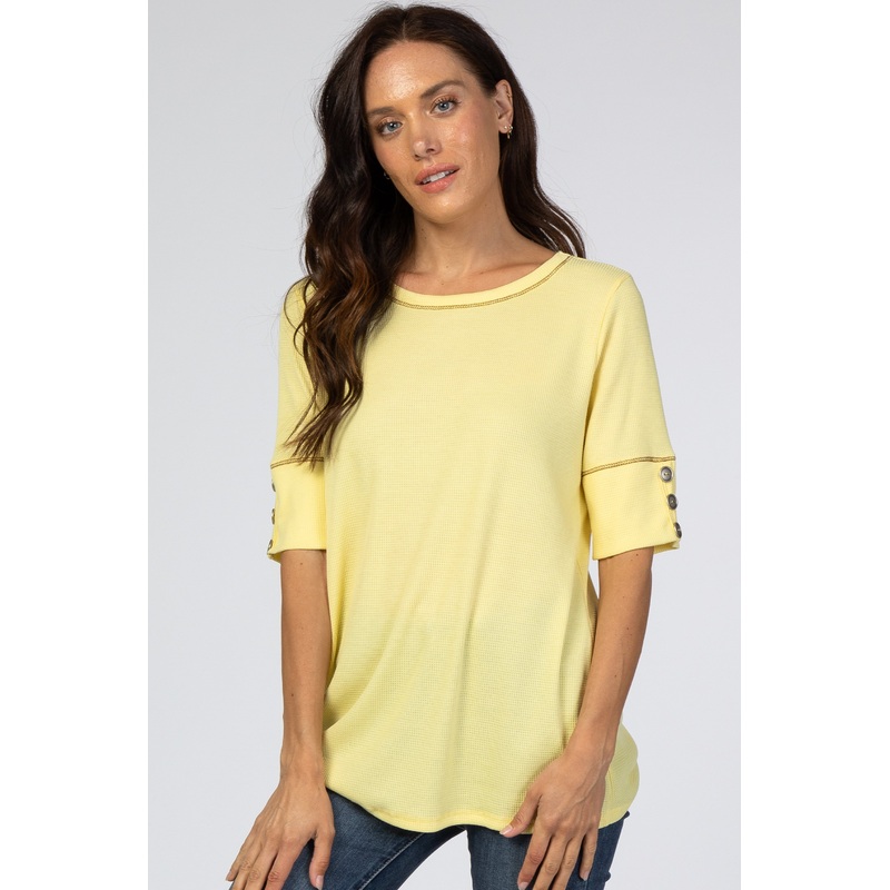 Yellow Waffle Knit Button Sleeve Top