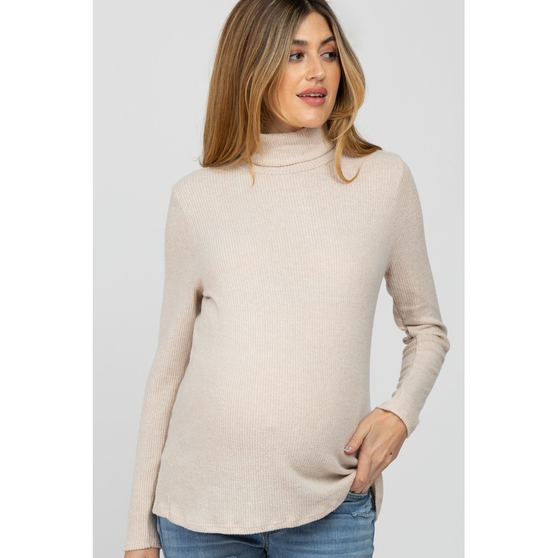 Beige Brushed Rib Turtleneck Maternity Top