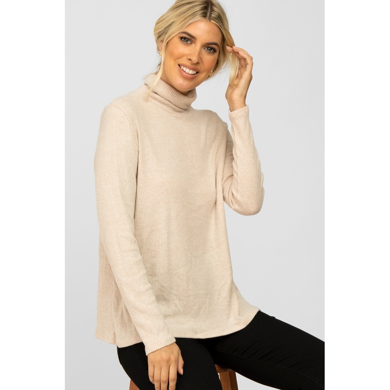 Beige Brushed Rib Turtleneck Top
