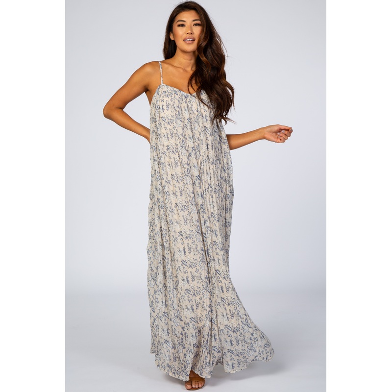 Beige Floral Chiffon Pleated Maxi Dress