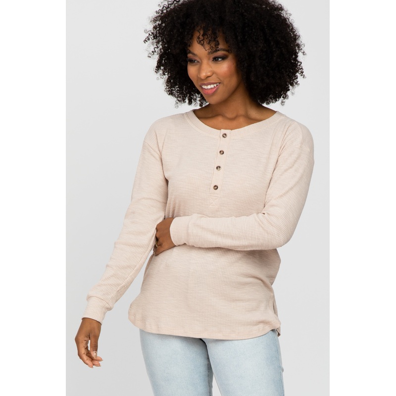 Beige Ribbed Henley Long Sleeve Top