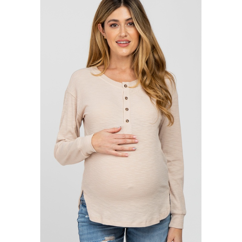 Beige Ribbed Henley Maternity Long Sleeve Top