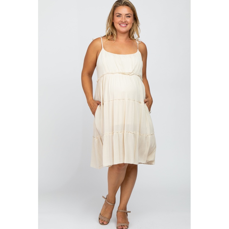 Beige Tiered Shoulder Tie Maternity Plus Dress