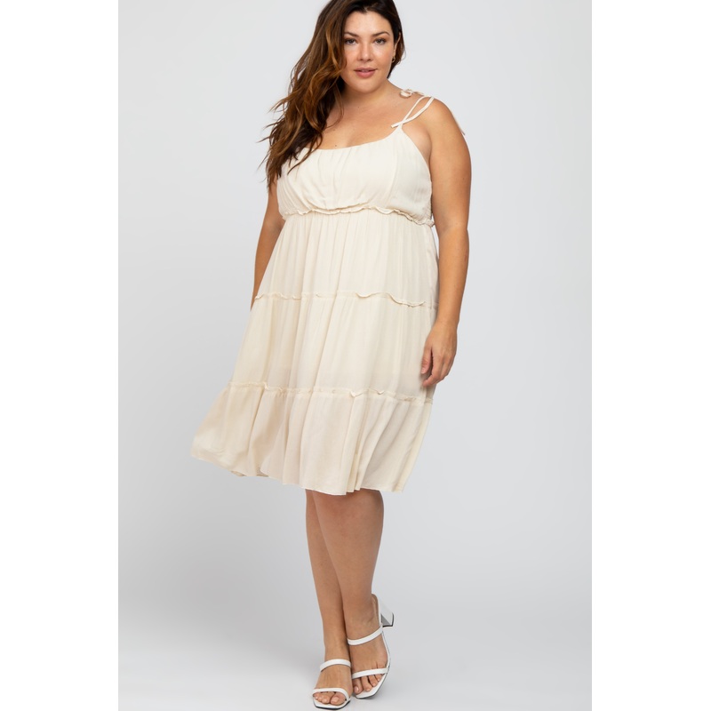 Beige Tiered Shoulder Tie Plus Dress