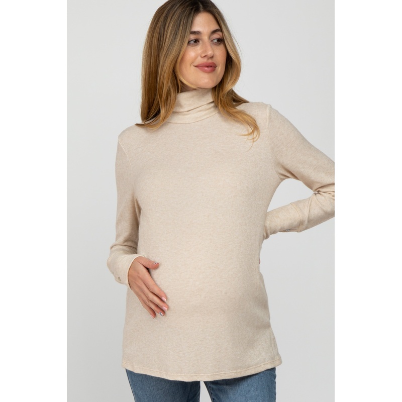 Beige Turtleneck Button Accent Maternity Top