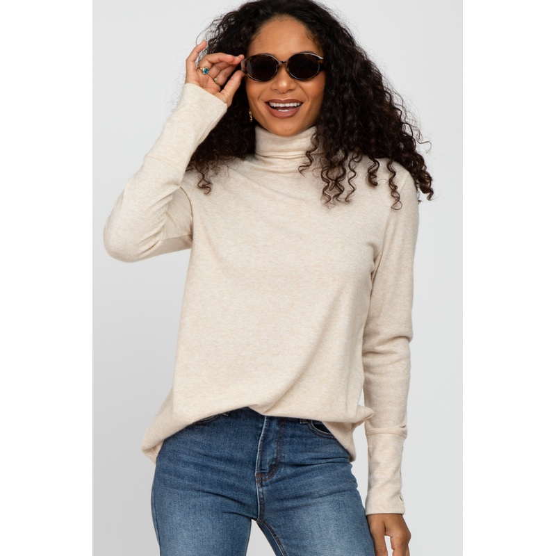 Beige Turtleneck Button Accent Top
