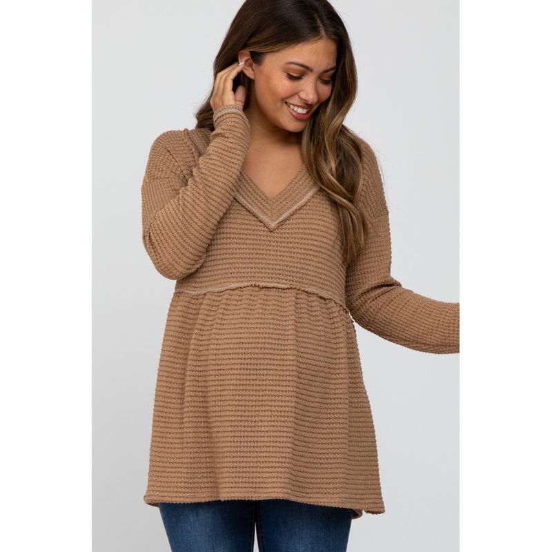 Camel Waffle Knit Maternity Peplum Top