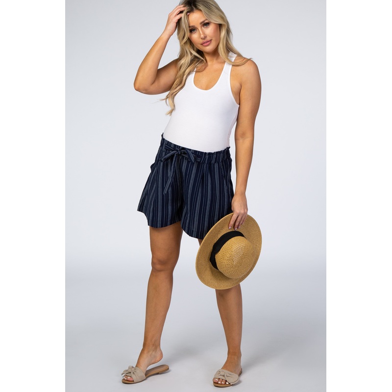 Navy Blue Vertical Stripe Paper Bag Waist Maternity Shorts