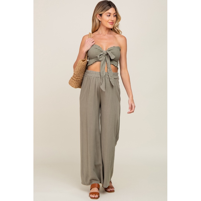 Olive Front Tie Crop Top and Pant Maternity Set