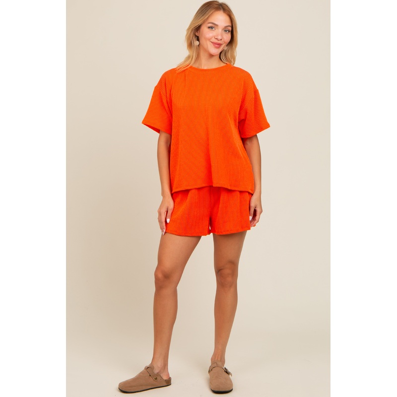 Orange Ribbed Shorts Set