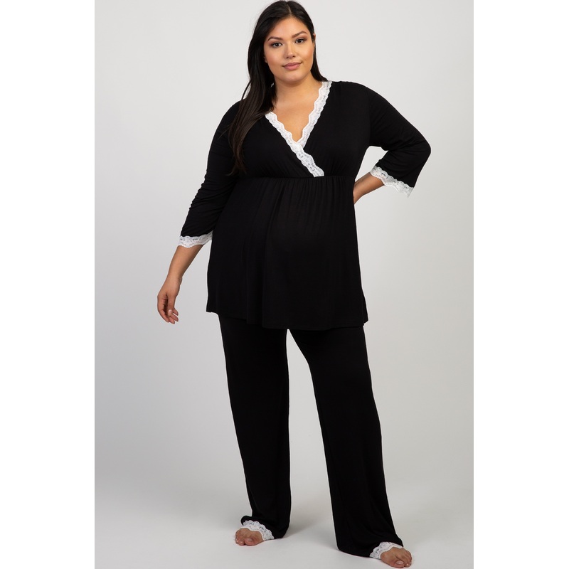 PinkBlush Black Lace Trim Plus Maternity Pajama Set