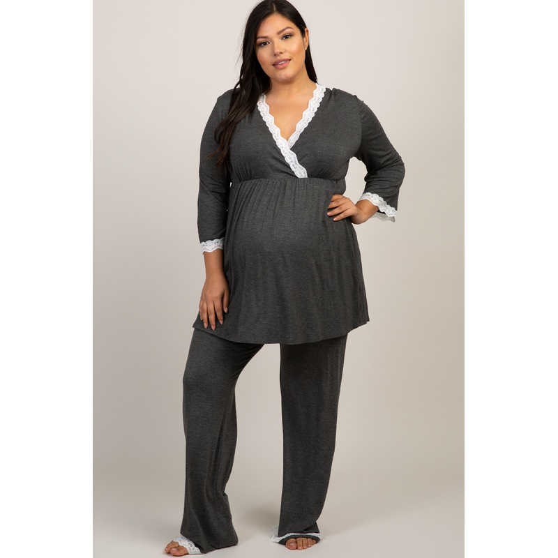 PinkBlush Charcoal Lace Trim Plus Maternity Pajama Set