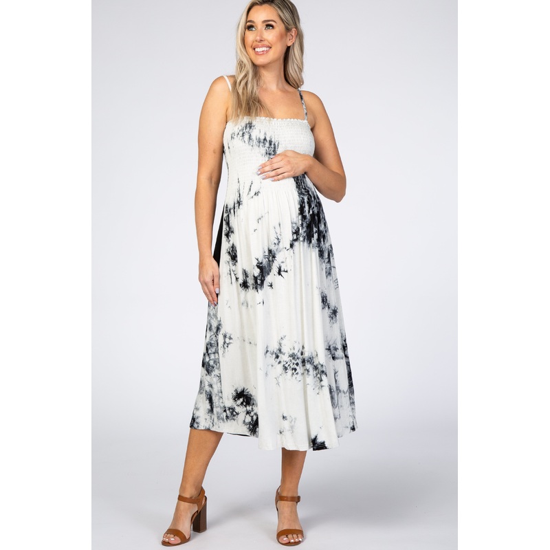 White Black Tie Dye Smocked Maternity Midi Dress