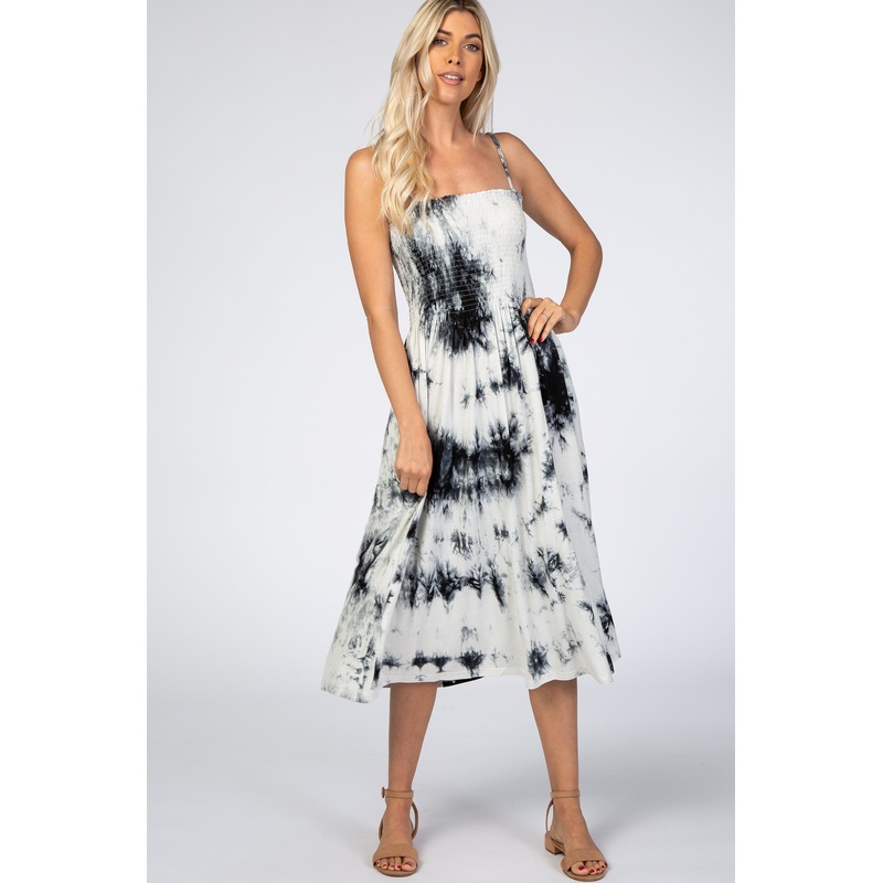 White Black Tie Dye Smocked Midi Dress