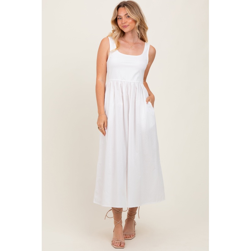 White Contrast Sleeveless Square Neck Midi Dress