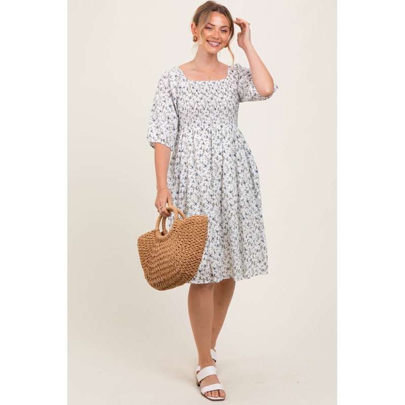 White Floral Smocked Midi Dress