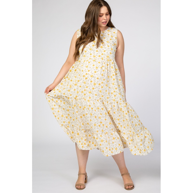 Yellow Floral Ruffle Tiered Maternity Plus Maxi Dress