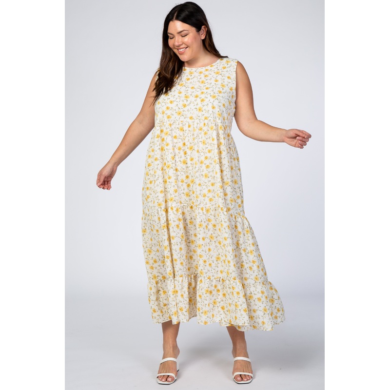 Yellow Floral Ruffle Tiered Plus Maxi Dress