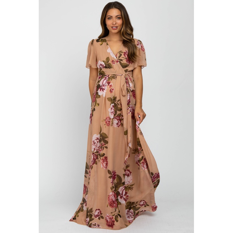 Beige Floral Chiffon Short Sleeve Pleated Maternity Maxi Dress