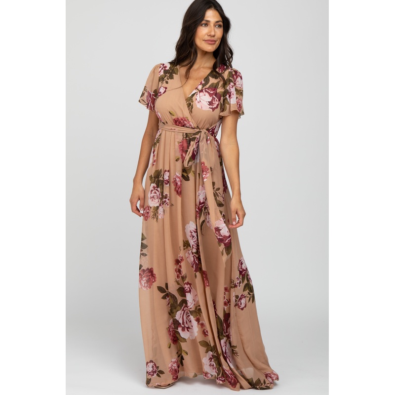Beige Floral Chiffon Short Sleeve Pleated Maxi Dress