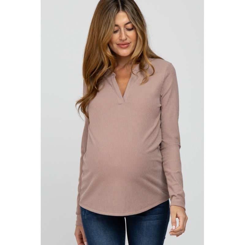 Beige Ribbed Split Collar Maternity Top