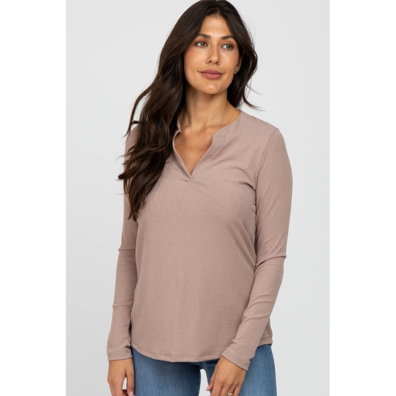 Beige Ribbed Split Collar Top