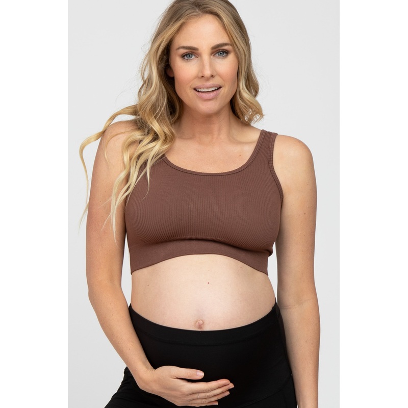 Mocha Ribbed Seamless Cross Back Maternity Sports Bra