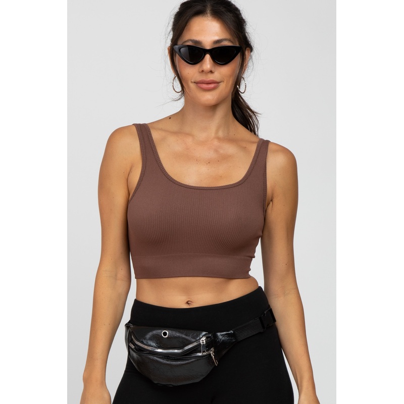 Mocha Ribbed Seamless Cross Back Sports Bra