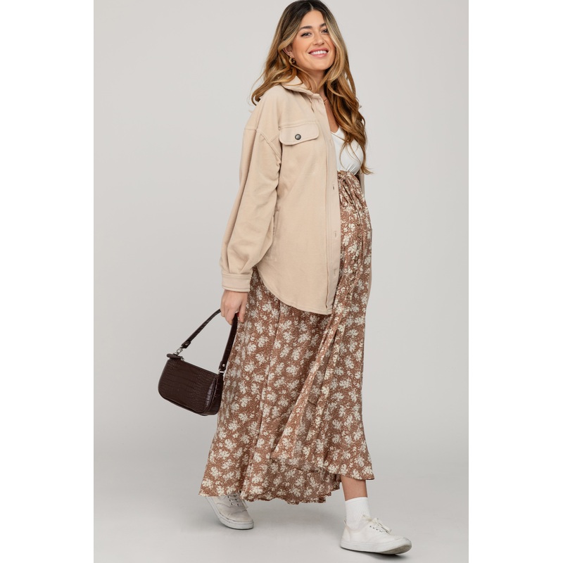 Taupe Fleece Button Down Oversized Maternity Jacket