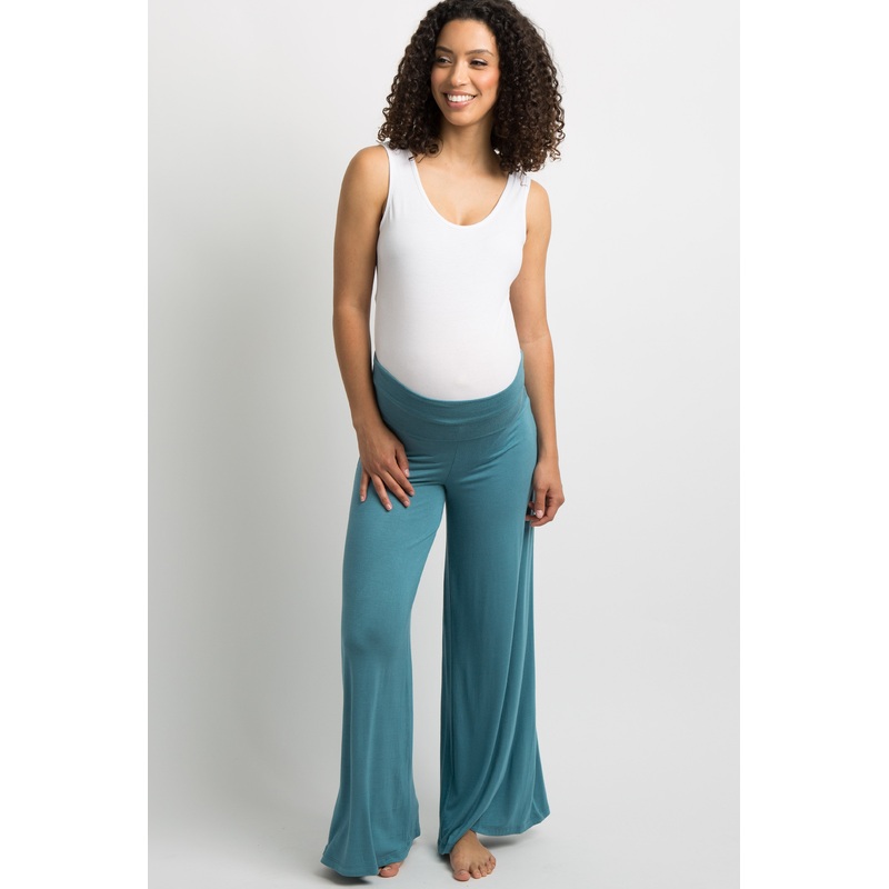 Teal Solid Wide Leg Maternity Lounge Pants