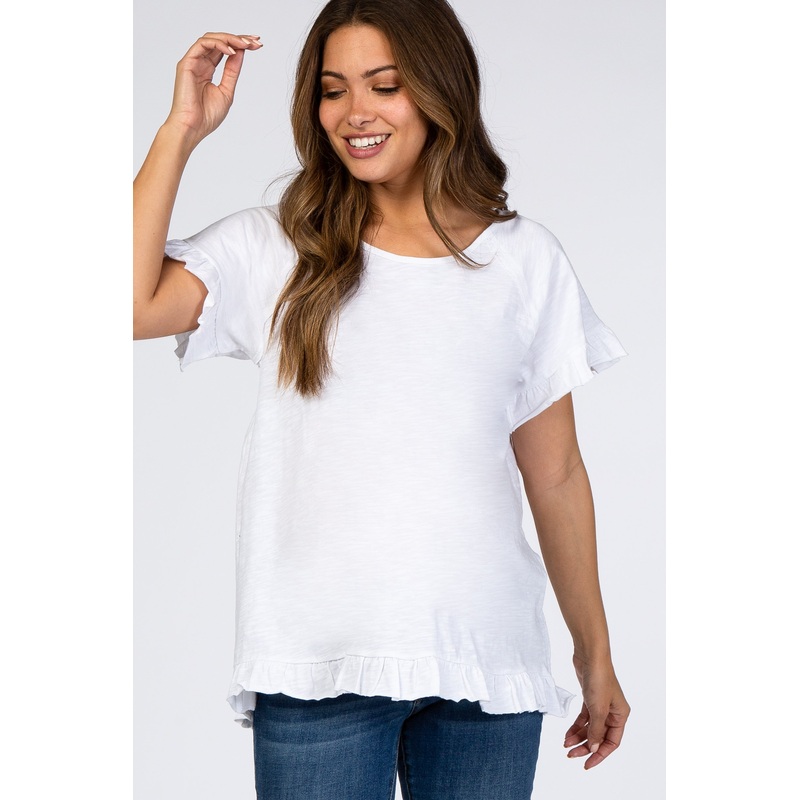 White Ruffle Trim Maternity Top