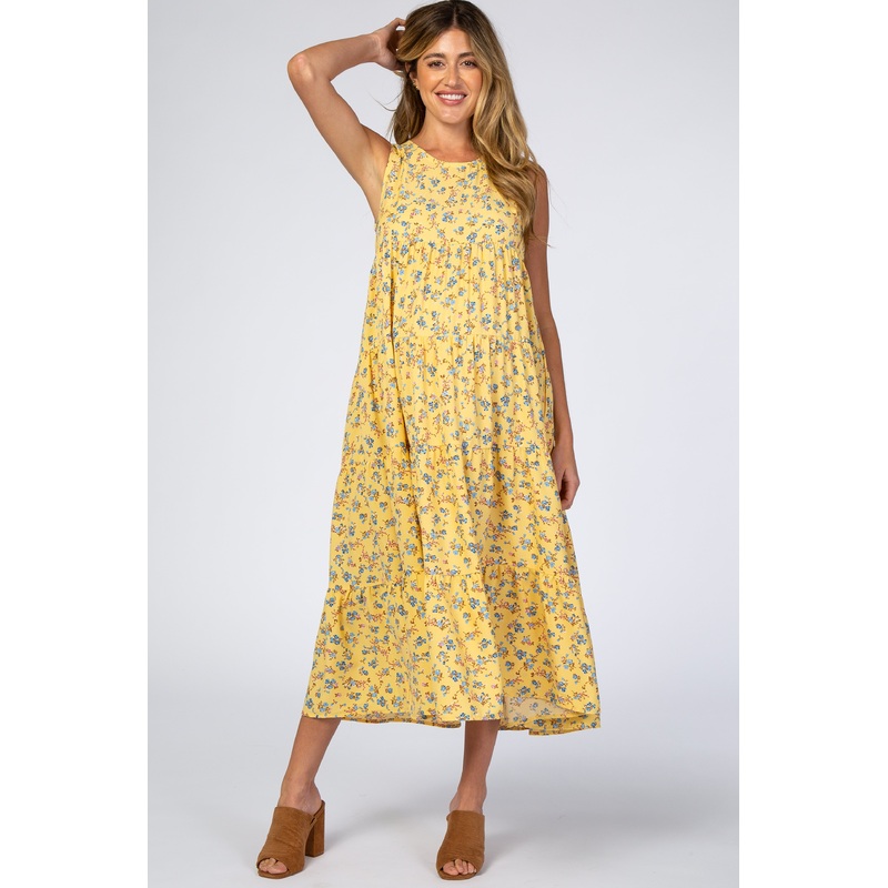 Yellow Floral Sleeveless Pleated Tier Maternity Midi Dress