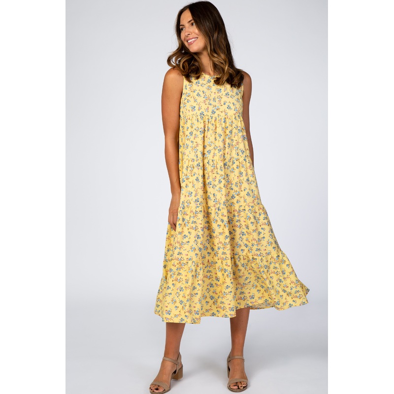 Yellow Floral Sleeveless Pleated Tier Midi Dress