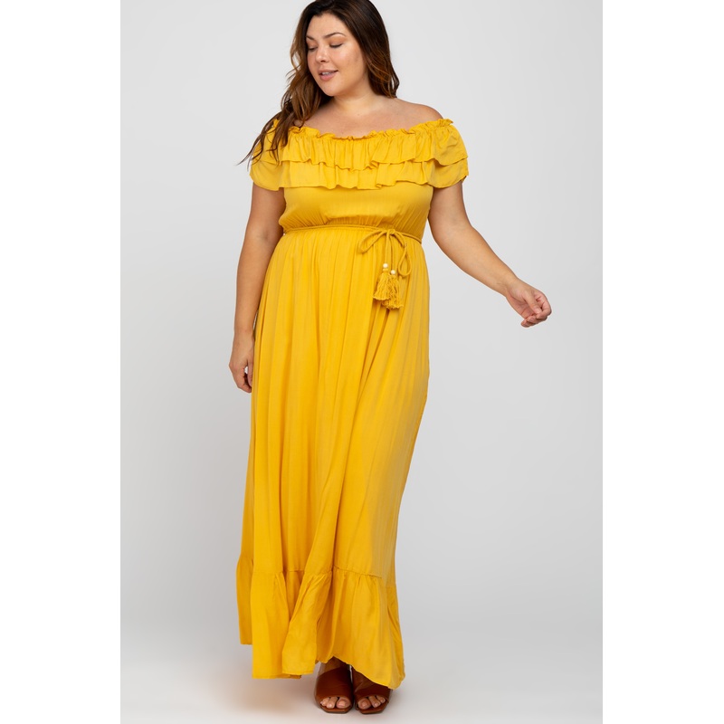 Yellow Off Shoulder Tassel Tie Plus Maxi Dress
