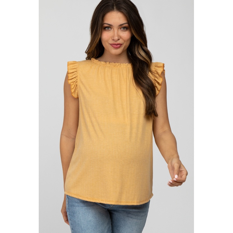 Yellow Ruffle Accent High Neck Maternity Top