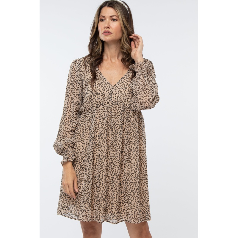 Beige Leopard Print Chiffon Back Cutout Dress