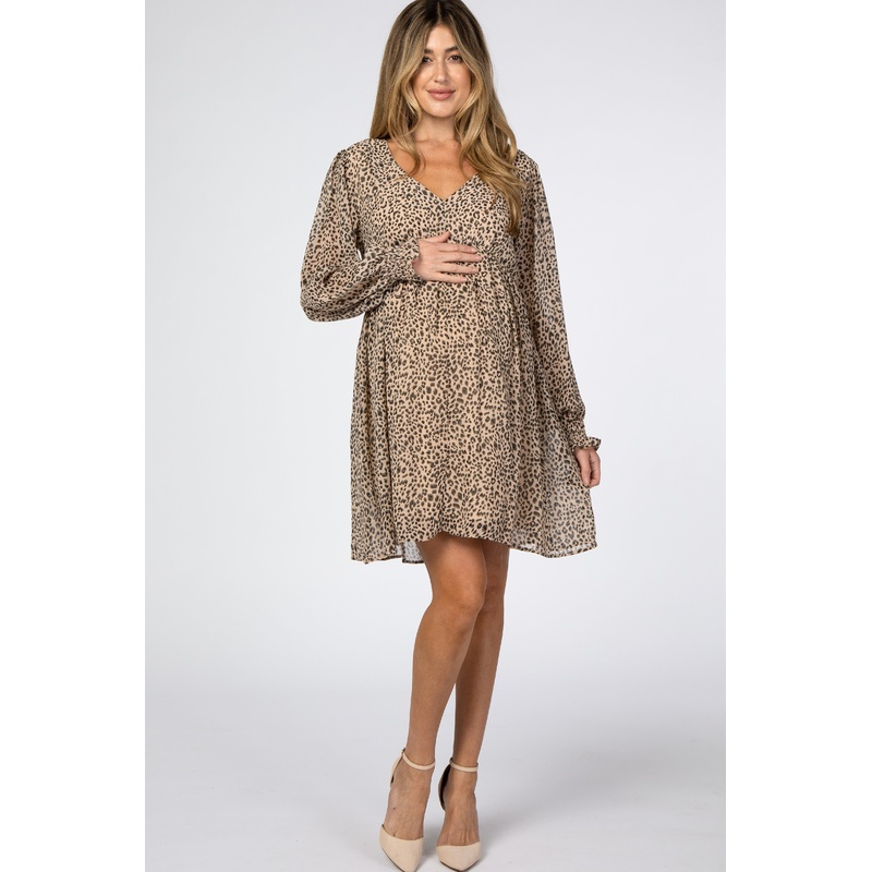 Beige Leopard Print Chiffon Back Cutout Maternity Dress