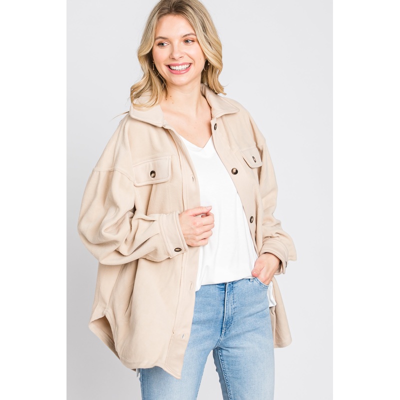 Taupe Fleece Button Down Oversized Jacket