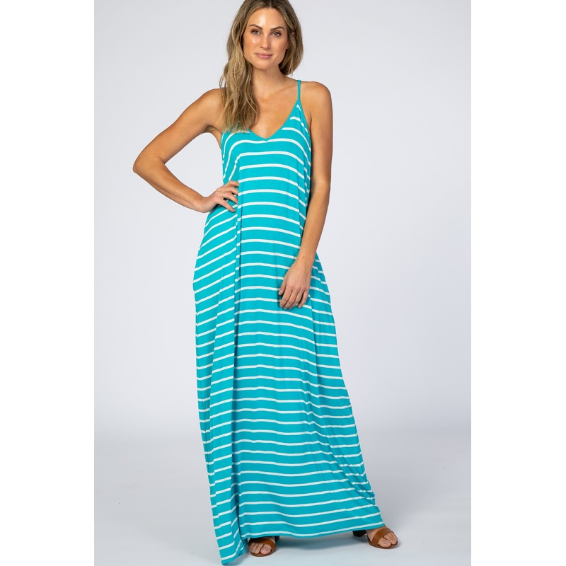 Aqua Striped Cami Strap Maxi Dress