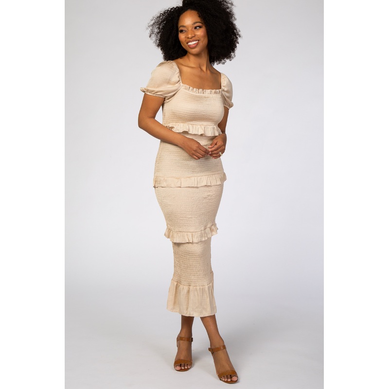 Beige Fitted Smocked Ruffle Accent Midi Dress