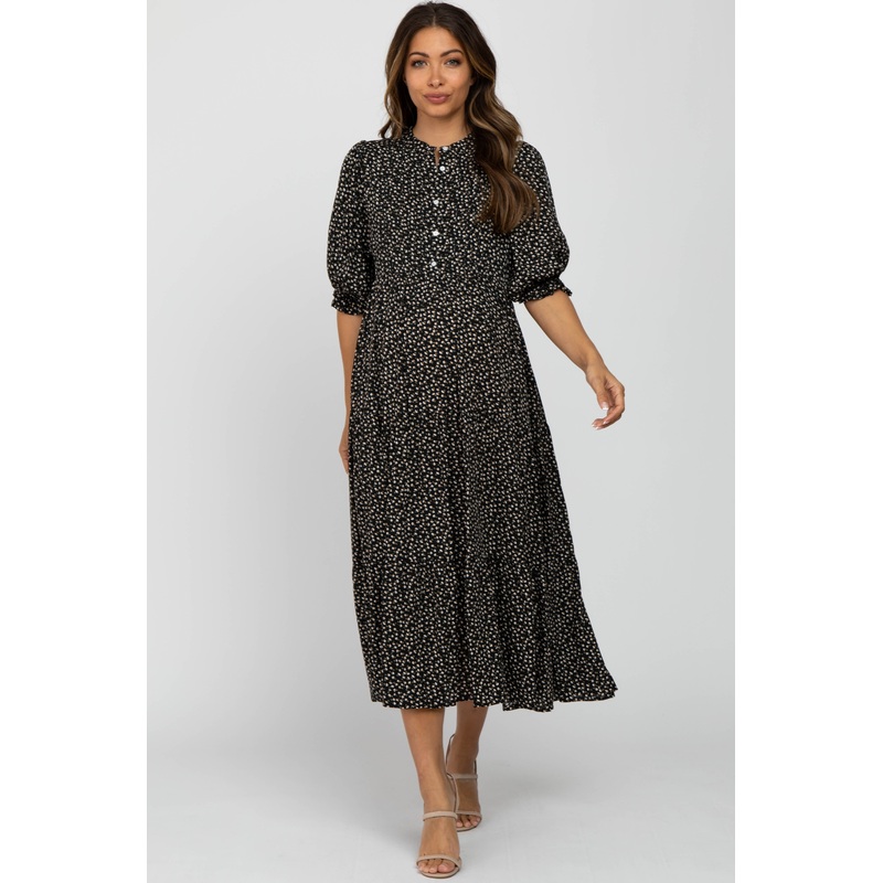 Black Floral Button Front Tiered Maternity Midi Dress