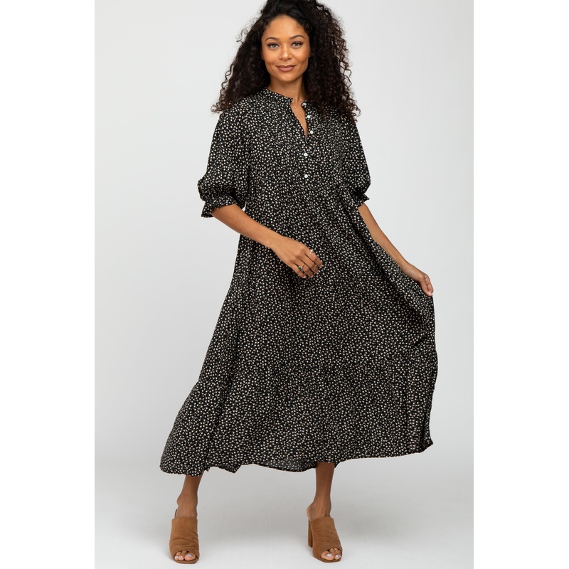 Black Floral Button Front Tiered Midi Dress