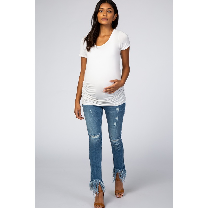 Blue Distressed Fringe Hem Maternity Skinny Jeans