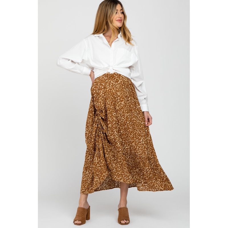 Camel Floral Drawstring Side Gathered Maternity Skirt